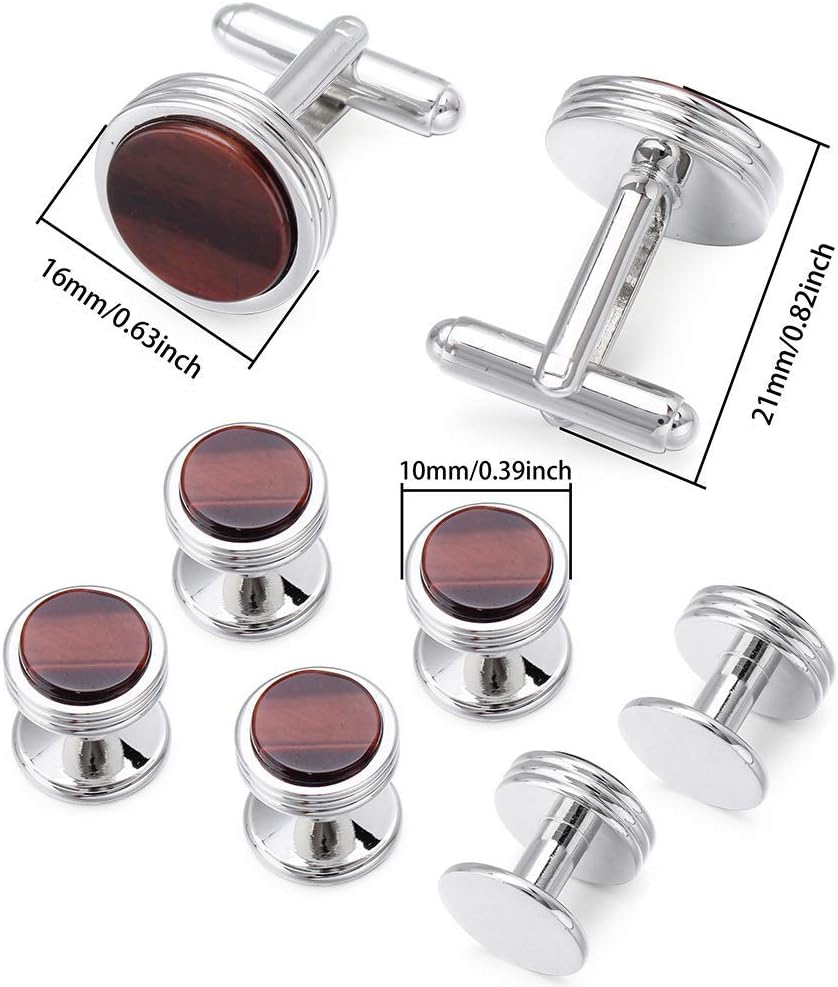 Mens Cufflinks and Studs Set for Tuxedo Shirt Mother of Pearl with a Gift Box (Tiger Eye Stone) - Image 4