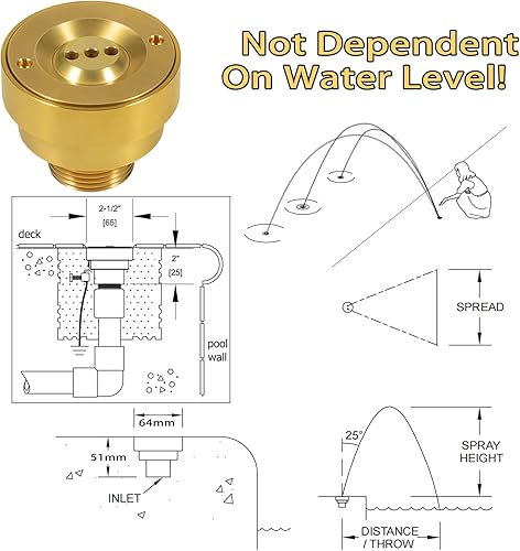 Miniatura 6 de Fuente de chorro de latón para piscina, spa, boquilla de 3 agujeros con orejeta de tierra, adecuada para todas las ocasiones de fuentes, paisajes y