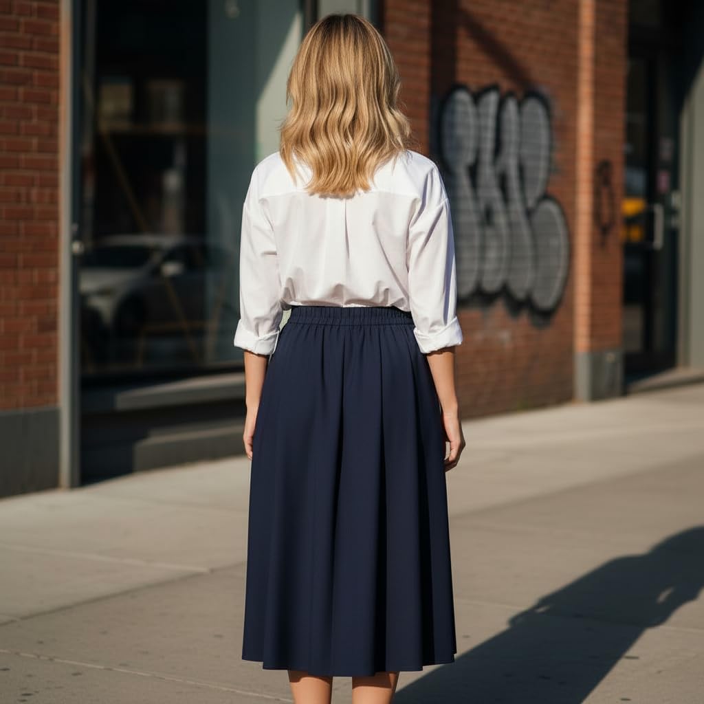 Belle Poque Women Vintage Pleated Skirt with Pockets A Line Midi High Elastic Waist Flared Skirt for Office Daily - Image 6