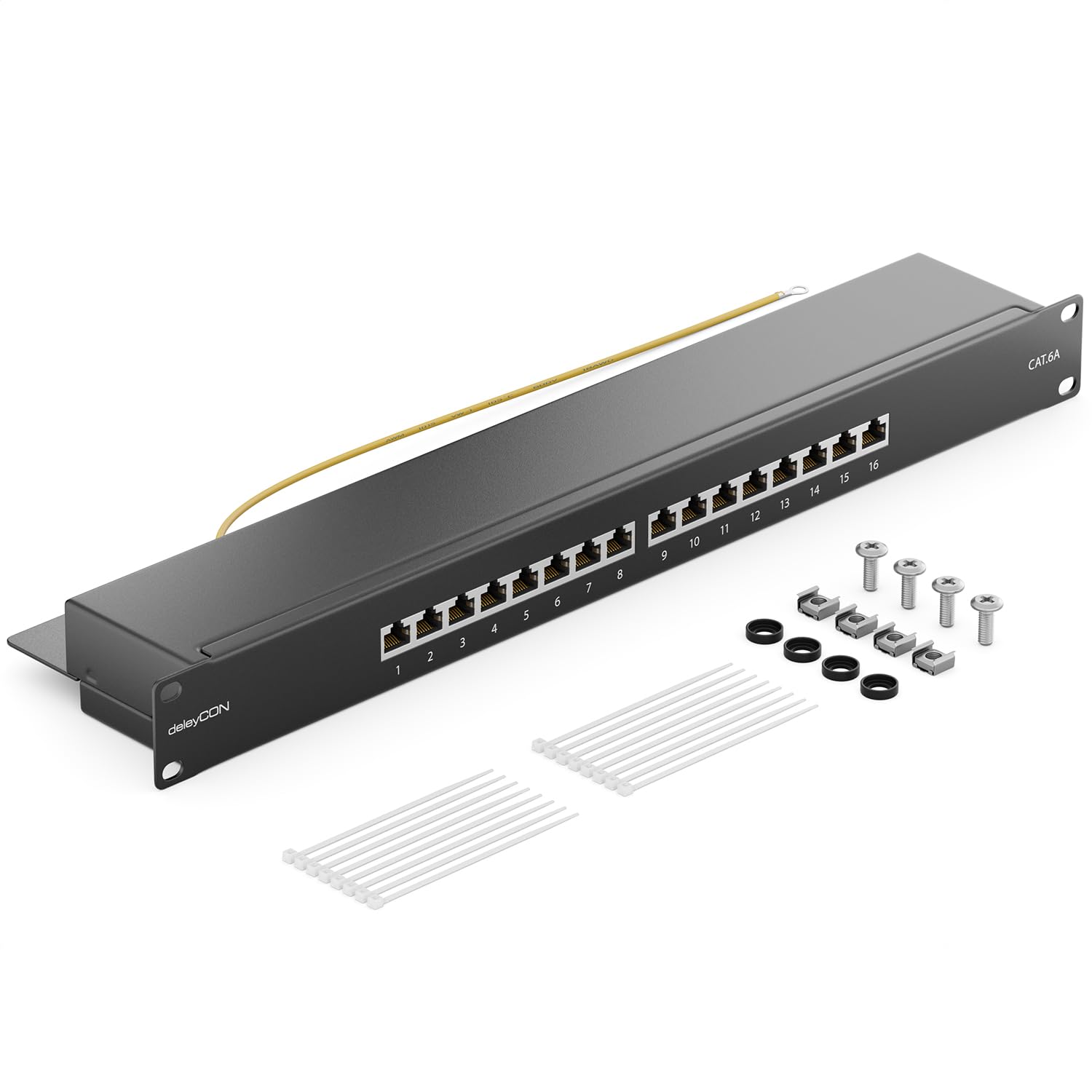 deleyCON CAT6a Panneau de Brassage 16 Port Bureau 19 Pouces Le Montage en Rack Assemblage du Serveur 16x RJ45 Blindé TIA568A TIA568B - Noir