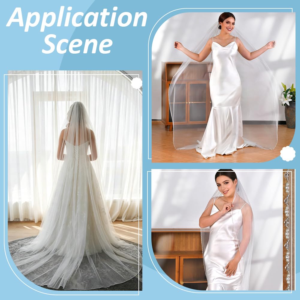 WEBEEDY 3 m Voile de Mariée 1 Niveau Long Voile Cathédrale avec Perles et Cristaux Bord Perlé Voile de Mariée en Tulle Doux Tombant avec Peigne Accessoires Cheveux Femmes pour Mariage Plage Extérieur