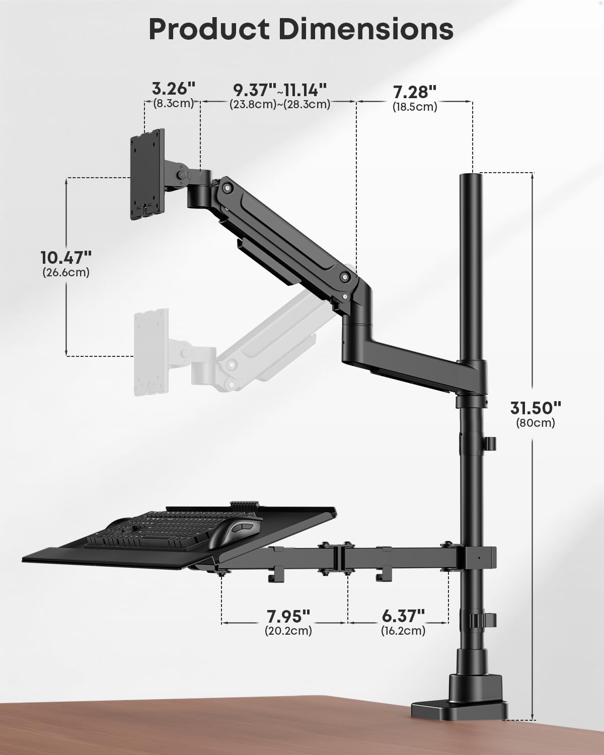 PUTPRSEN Soporte Monitor con Bandeja Teclado – Carga Pesada hasta 49 Pulgadas & 10 kg, Brazo con Gas Elevable Sentado-Pie, Ergonomico para Oficina y Teletrabajo, Gestión de Cables, Compatible VESA