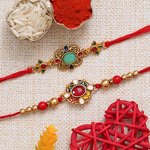 Image of eCraftIndia Set of 2 Om & Rudraksha Rakhis with Roli Pack - Rakhi for Brother
