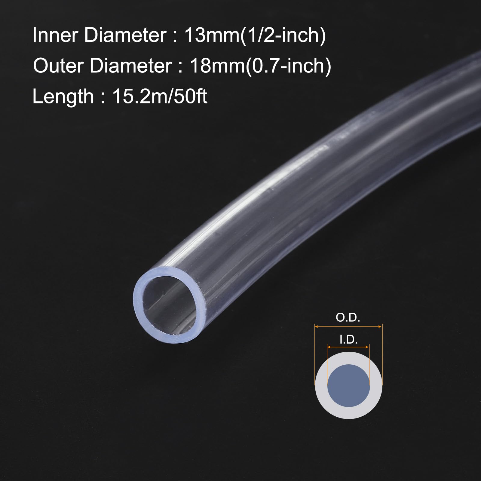 Tubos de Vinilo Flexibles de PVC Transparente de 12.7mm x 15.9mm 15.2M (50Ft) [para Riego de Jardín Manguera de Agua Acuario]