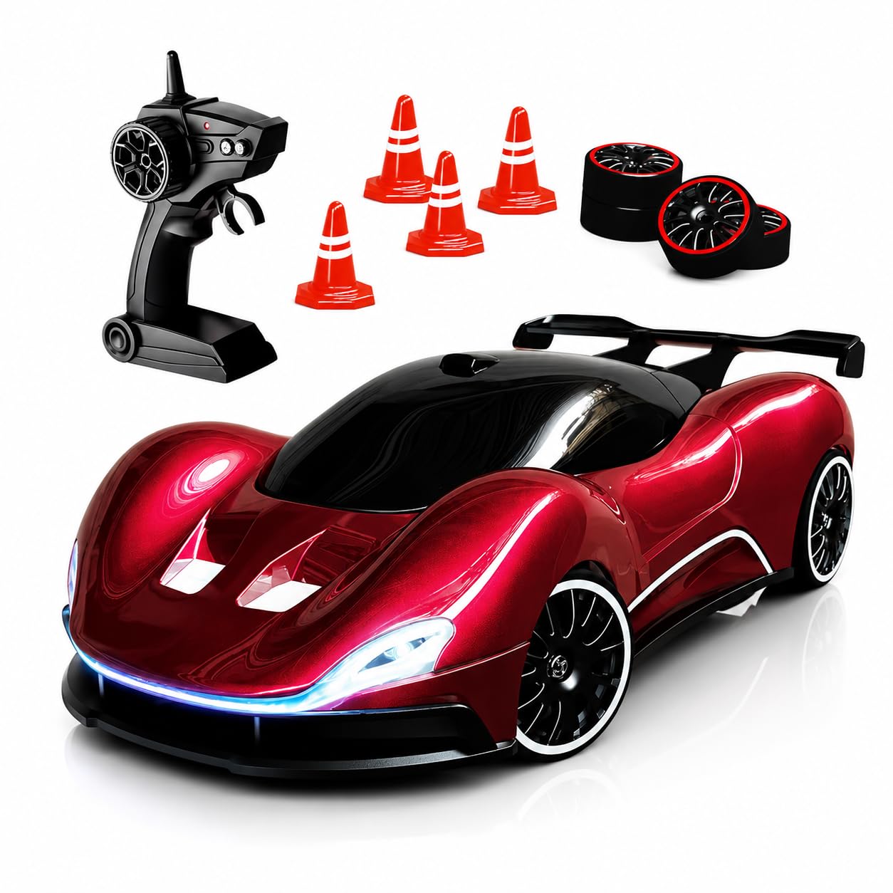 High-Speed RC Drift Car for Kids & Adults, 20 KM/H | 2.4GHz Remote Control Racing Car with LED Lights, Drift Tyres, Traffic Cones & Rechargeable Battery | Indoor Outdoor Toy Car-image-44