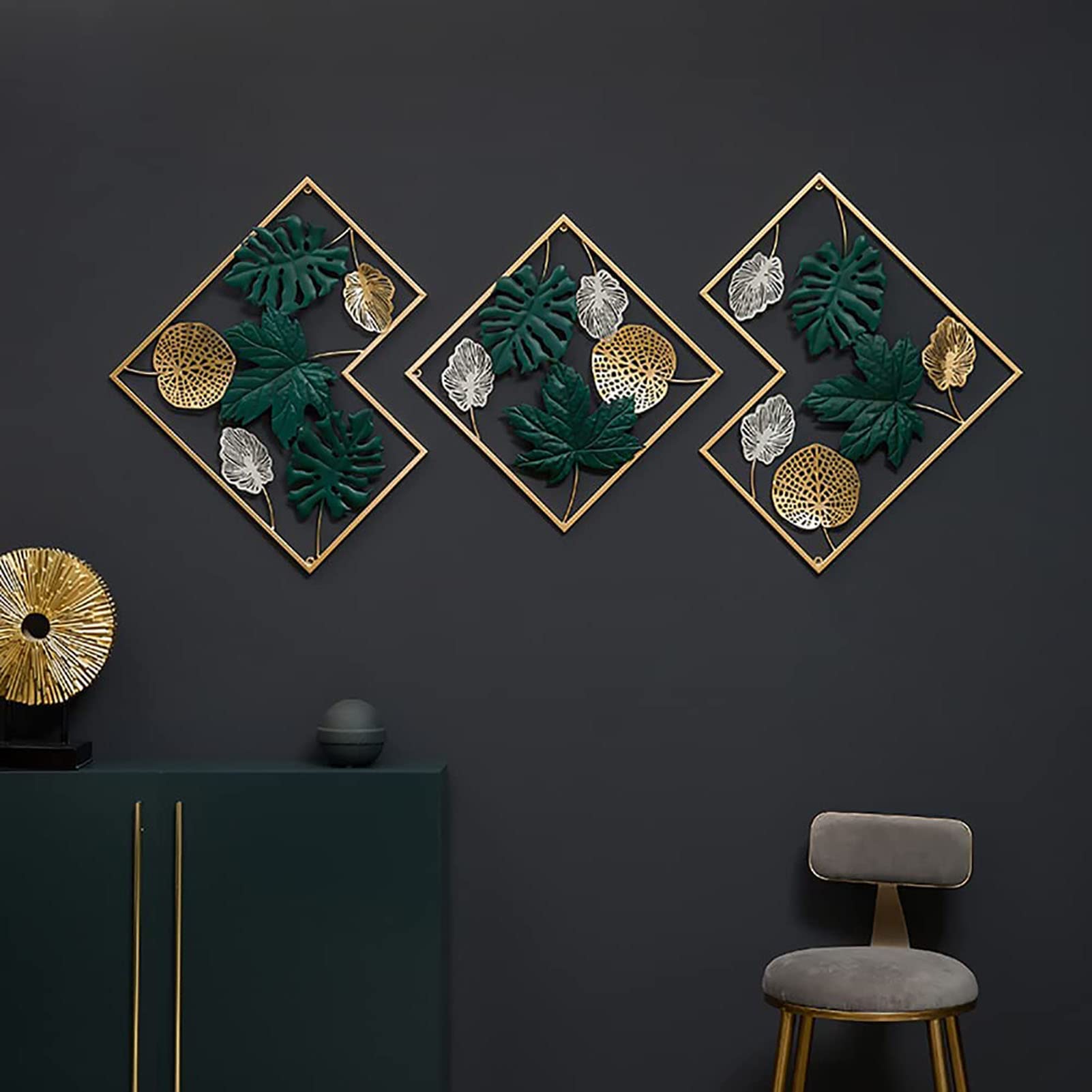 TROONZ 3pcs Decorazione da Parete in Metallo Set, Lussuoso Composizione Quadro in Metallo, Fatta a Mano Scultura da Parete per Soggiorno/opere d'Arte, 170 * 71cm