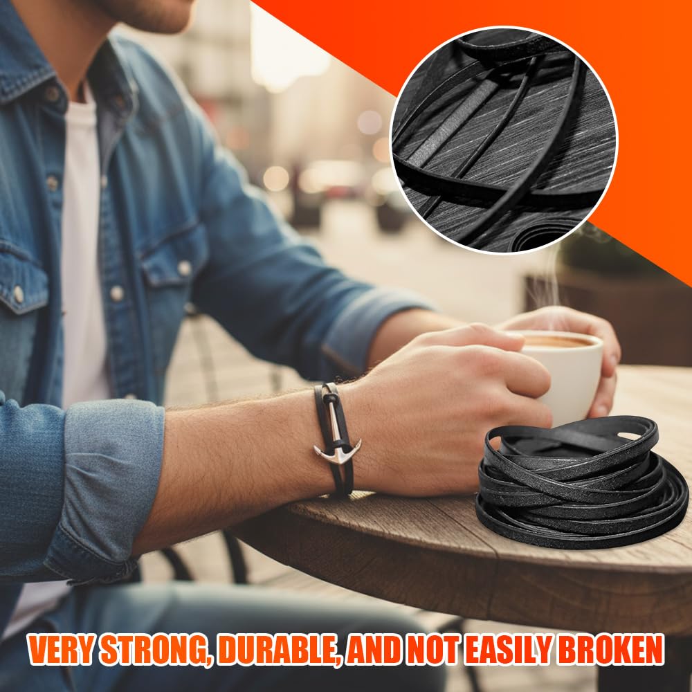 Cordino Cuoio Piatto 5 MM X 5 M,Fettuccia Cuoio Piatta,Striscia di Cuoio per Cinture,Lacci in Pelle per Borse,Cordoncino per Collane Fai Da Te per Correa, Artigianato, Braccialetti - Negro