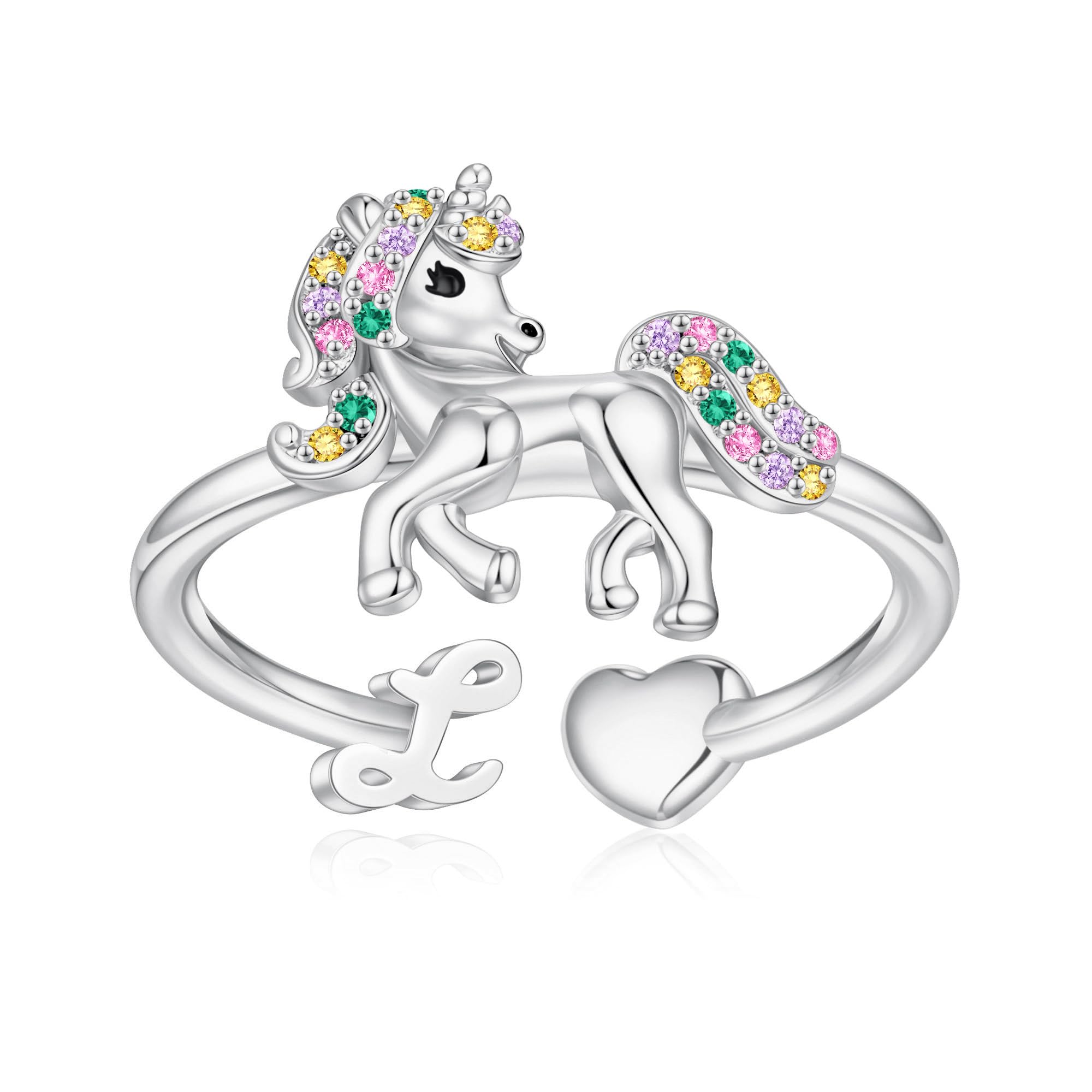 Unicorn Initial Rings for Teen Girls, Rose Gold/White Gold Plated Heart Initial Rings for Girls Adjustable Stackable Rings for Women Diny Heart Ring for Teen Girls Gifts Unicorns Gifts for Girls
