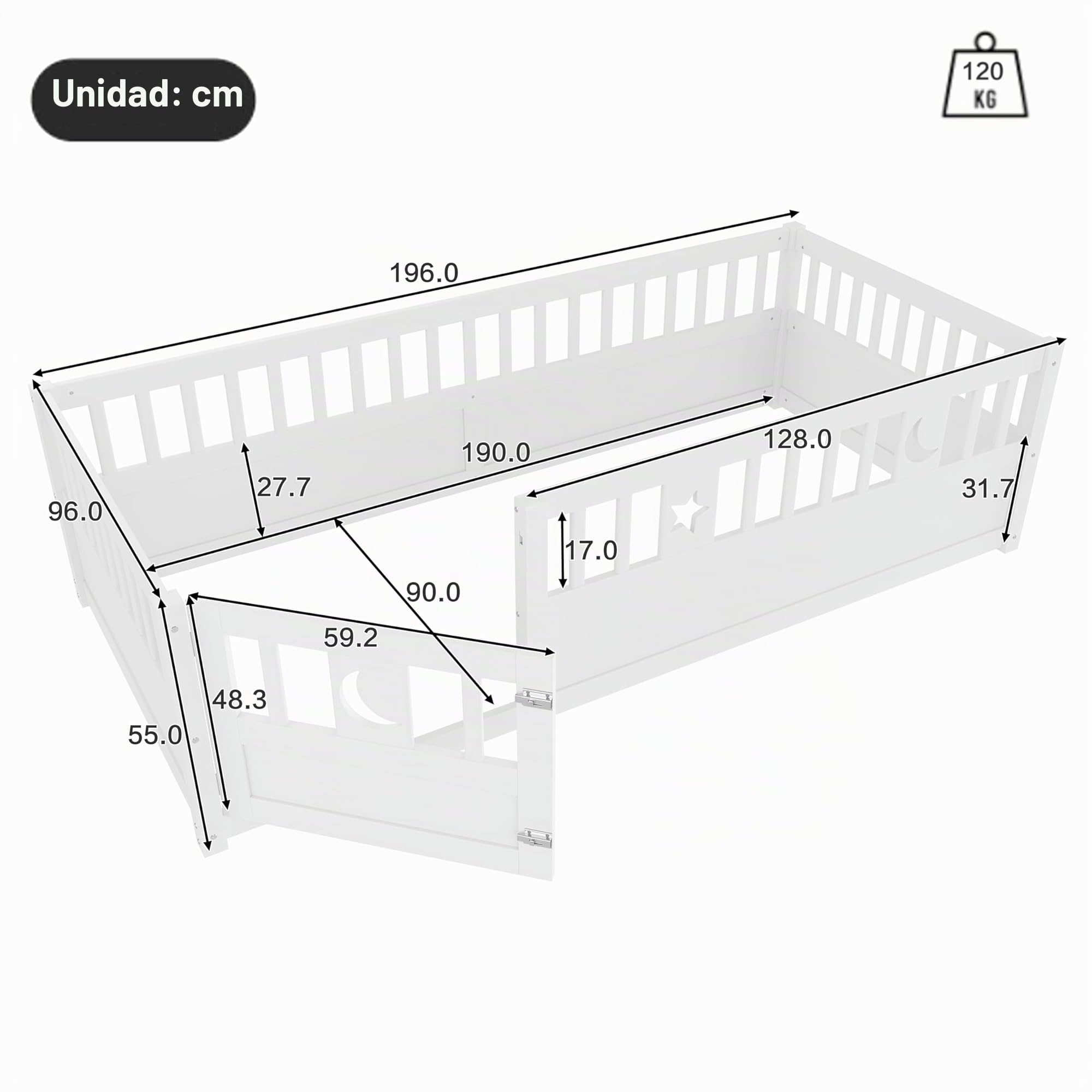 Cama Infantil al Suelo 90 x 190 cm, Cama Montessori con Barreras para Niños con Protección, Decoración de Estrella y Luna, sin somier de láminas, Colchón no Incluido, Blanco