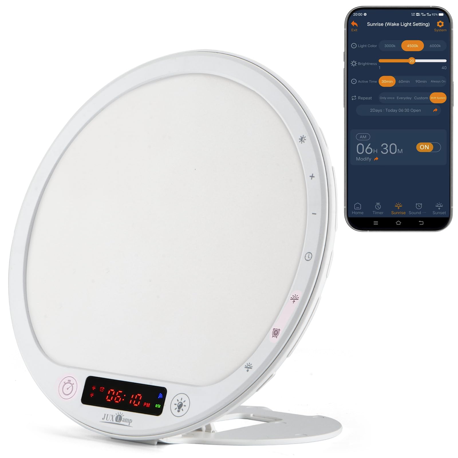 Light Therapy Lamp Sunrise Alarm Clock Wake up lamp 10000 lux UV-Free Sun lamp Bioclock Adjustment APP Control