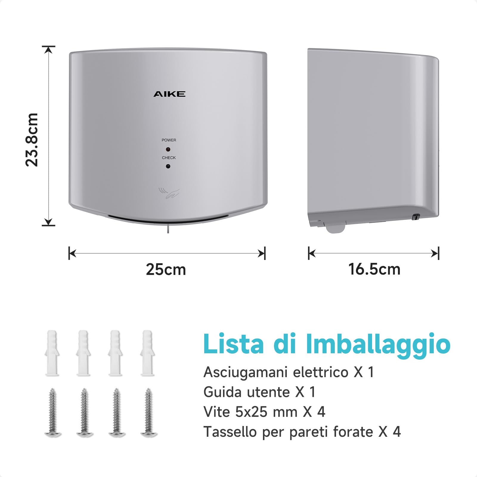 AIKE Air Wiper Asciugamani Compatto, Asciugatura ad Alta velocità, 1400W 220V, Collega e USA, Senza Carta e Senza Contatto per Bagni Pubblici, AK2630S (Argento)