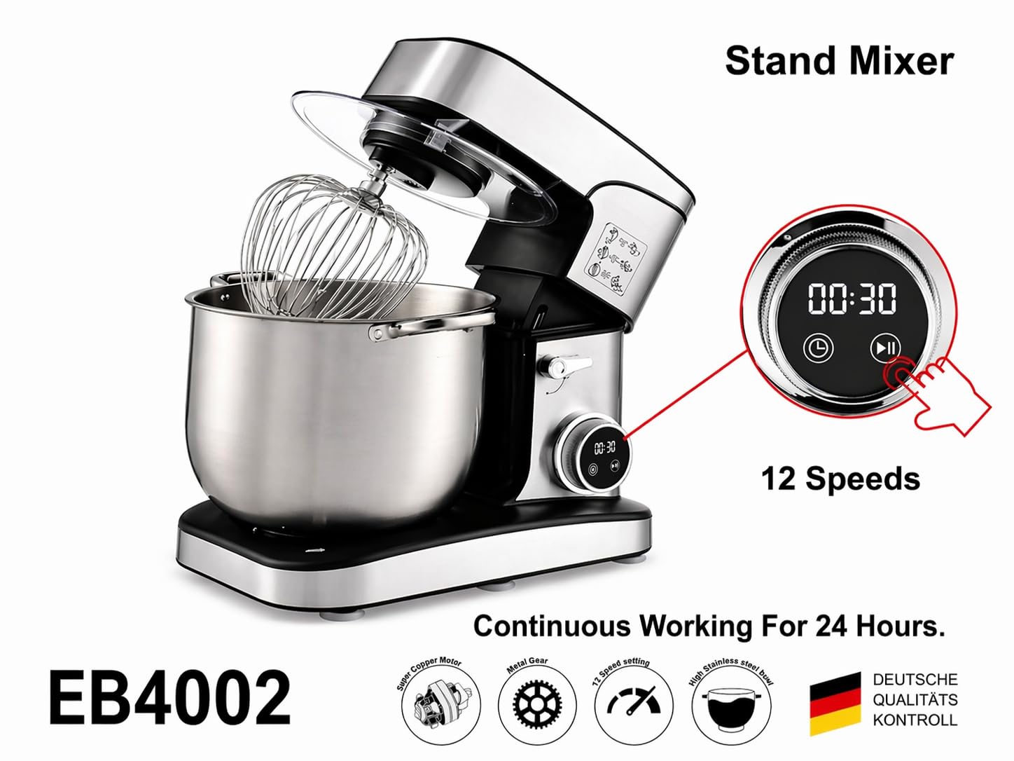 Batidora Amasadora Profesional 2800W, 16L, Robot de Cocina Multifunción con Bol de Acero Inoxidable, 6 Velocidades, Pantalla Digital, Accesorios para Amasar, Mezclar y Batir