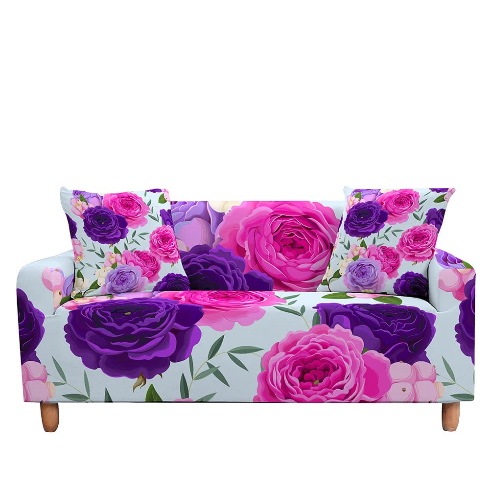 Highdi 3D Peony Flower Sofa Cover 1/2/3/4 Seater, Sofa Slipcover Stretch Washable Furniture Protector Non Slip Sofa Covers for Loveseat Couch Sofa (purple peony,2 Seater)