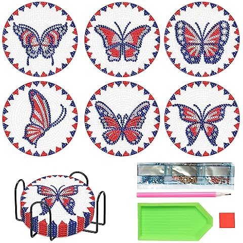 6 Pcs Diamond Painting Coasters,DIY Butterfly Diamond Painting Art Coasters with Holder for Beginners Art Craft Supplies Gift Cover