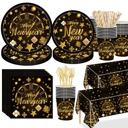 JUMUU Happy New Year Party Supplies Tableware Set, Serves 16 Guests Including New Year Plates Cups Napkins Forks Knives Spoons Tablecloth for Black and Gold Year Party Decoration (Happy New Year)