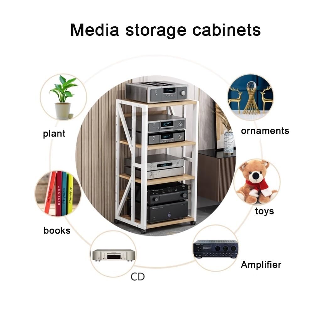 Supporto multimediale AV, Rack Audio Mobile, Rack Stereo a 3, 4 e 5 Livelli con Ruote, mobiletto portaoggetti con Altezza Regolabile, mobiletto Porta componenti Aperto HiFi (Nero, 5 Livelli)