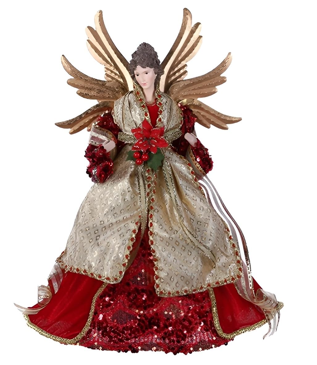 Angelo con ali h 40 rosso e oro puntale per albero di natale decorazione casa vestito Elegante Pelliccia e Ricami complemento d'arredo idea regalo