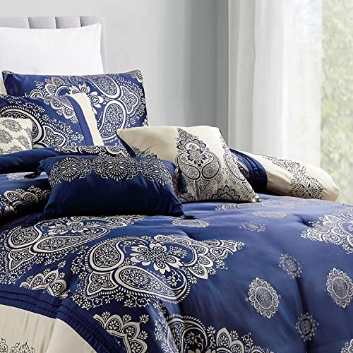 Homechoice Decor 7 Pieces Jacquard Bedding Comforter Sets Queen With Classic Patchwork Color Block, Floral Pattern Bed Set, All Season Luxury Bed In A Bag With Down Alternative Filling, Navy (Lq-23) #TOP3