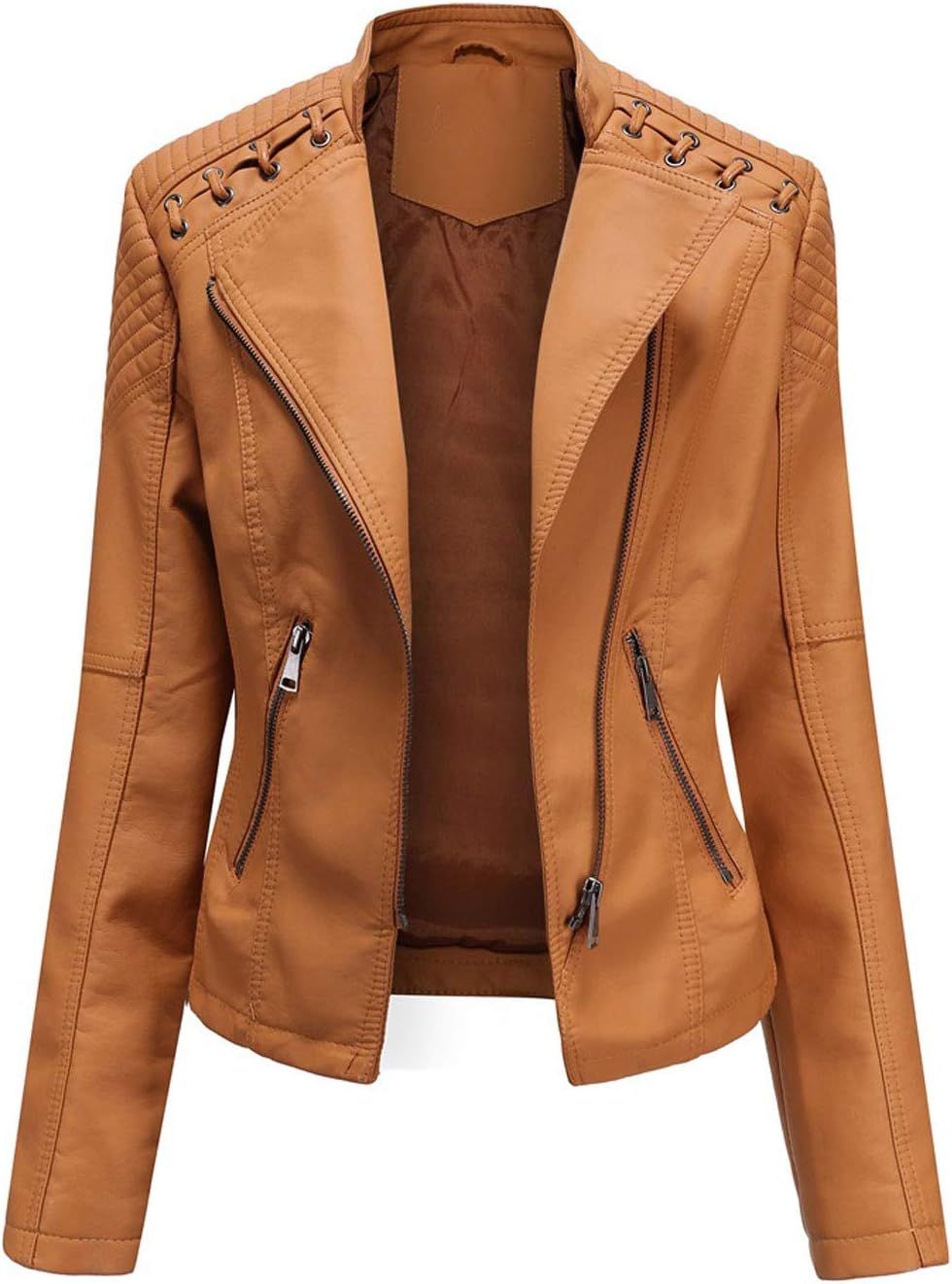 chouyatou Women's String Quilted Shoulder Oblique Zip Moto Pu Leather Biker Jacket