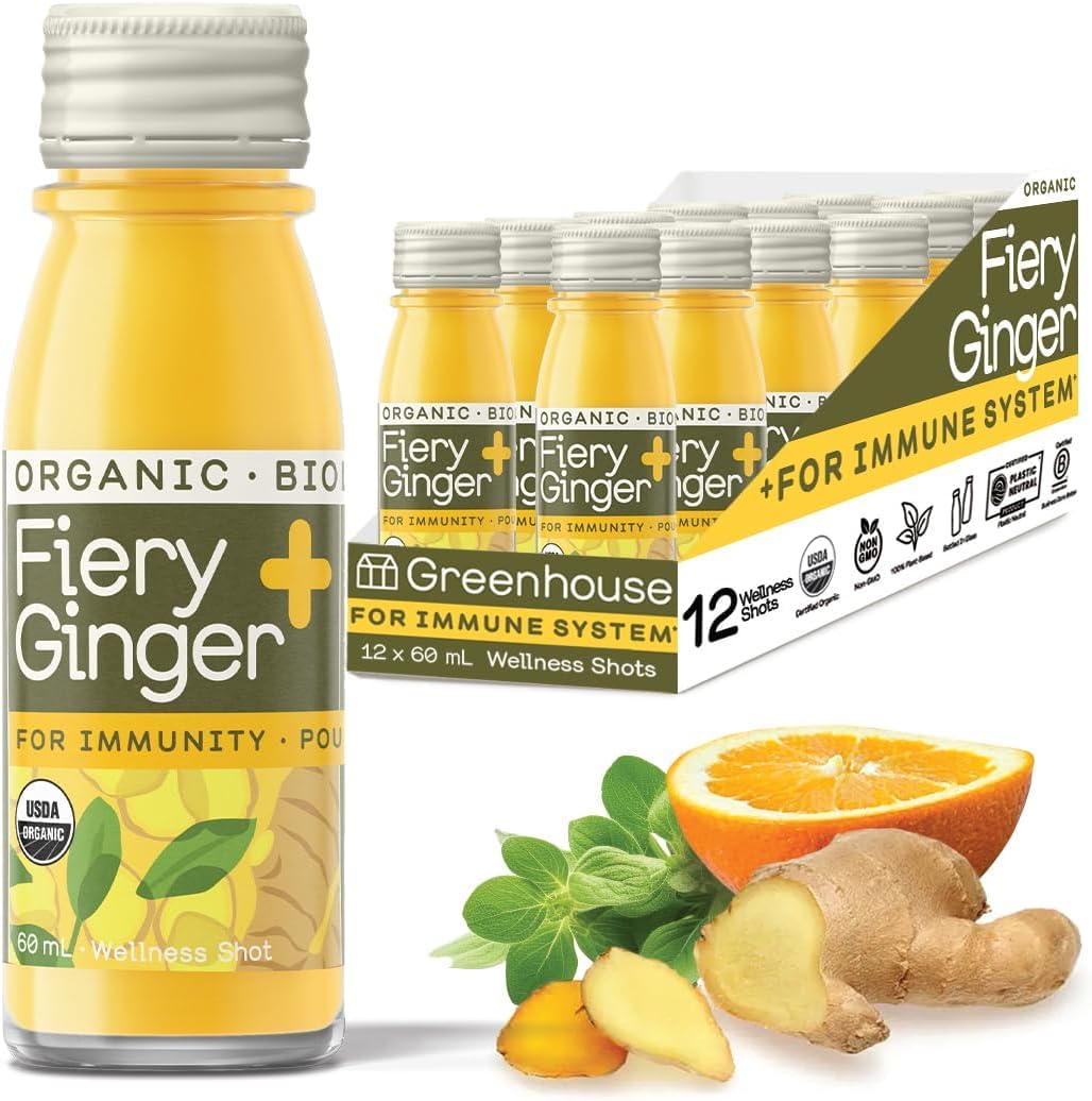 Greenhouse Juice Fiery Ginger Wellness Shot 12-Count 60ml Glass Bottles | Organic, Vegan, Gluten-Free, Immunity Wellness + Anti-Inflammatory
