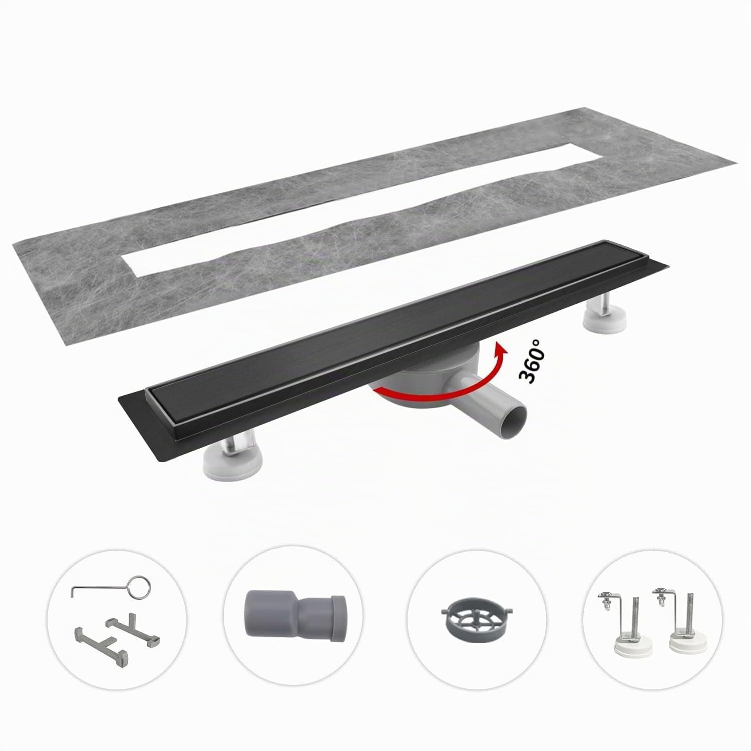 Duschrinne 90 cm, Edelstahl-Bodenablauf mit 360° Siphon, Schwarz | Edelstahl Bodenablauf Komplettset mit 360°Siphon Haarsieb
