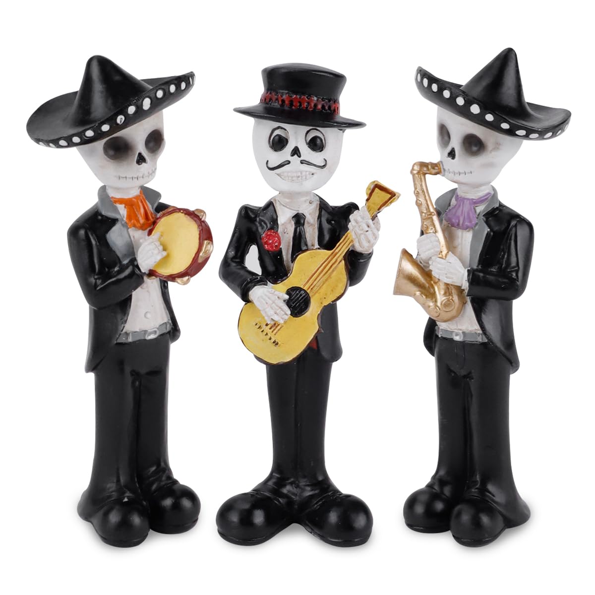 SHAIDOJIO 3PCS Skeleton Statue Mariachi Band Set, Halloween Day of The Dead Skeleton Figurines Decoration, Resin Collectible Folk Musician Players Ornament for Festive Party Home Table Decoration