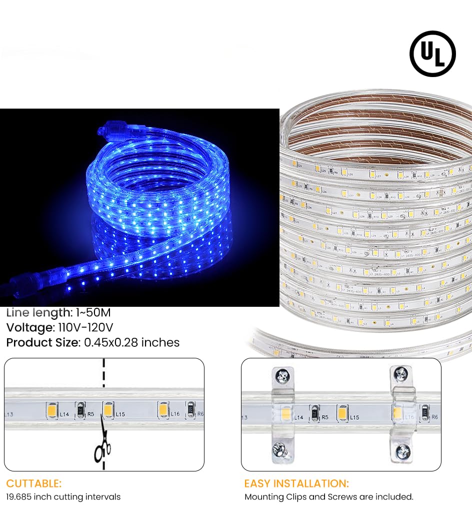 CBconcept 70 FT Blue 120V Custom Cut SMD3528 LED Light Strip Flexible, Durable, Ambient, Commercial Construction Contractor Preferred, DIY Projects, Built to Last