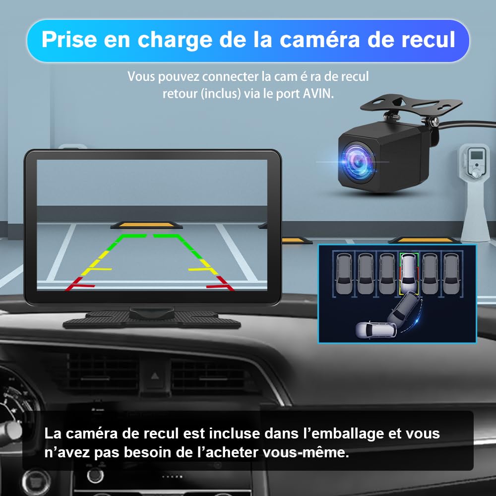 Écran Tactile 9" CarPlay & Android Auto sans Fil avec Dashcam 4K + Caméra Arrière, GPS, Bluetooth, FM, AUX, Lien Miroir, Carte TF 64G