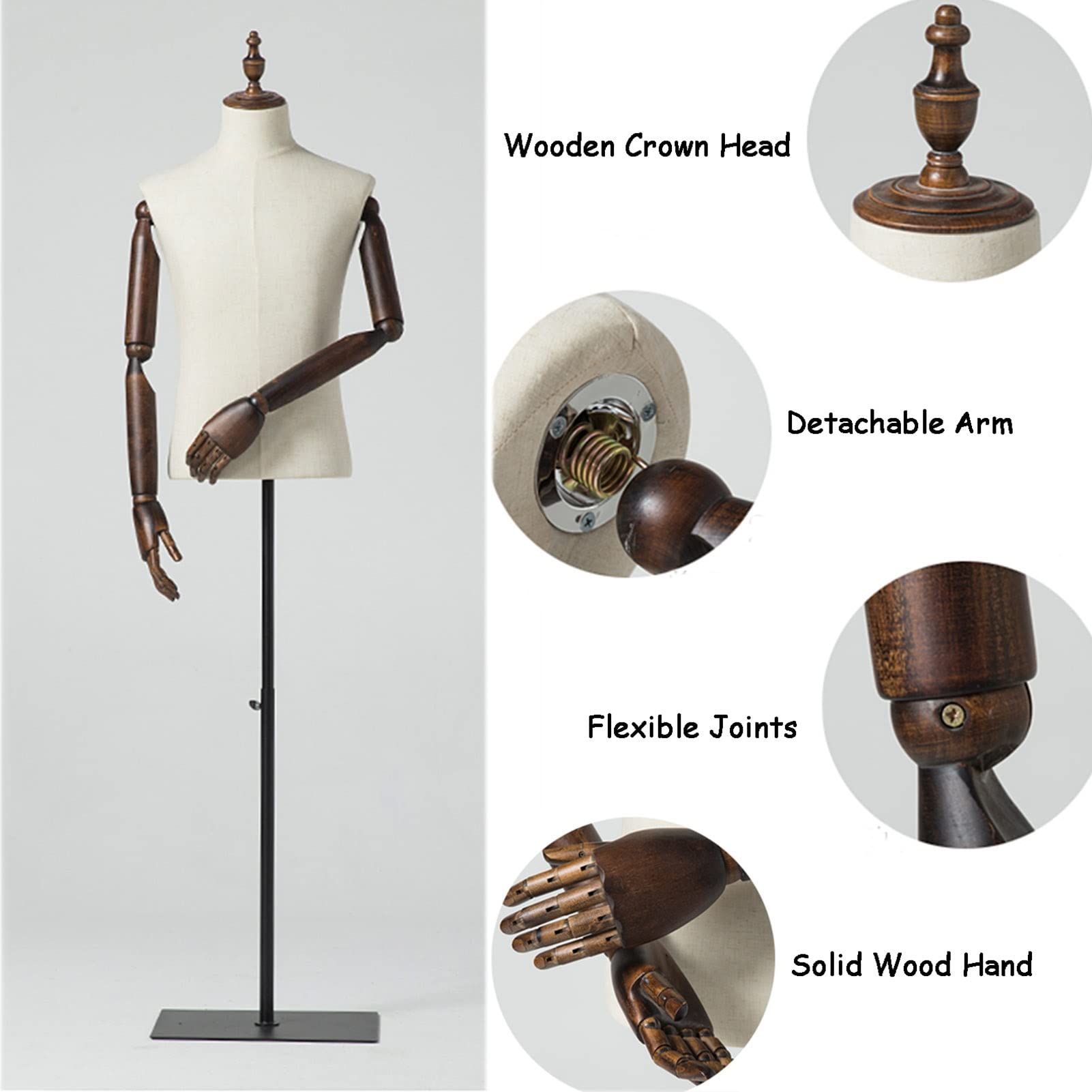 Schaufensterpuppe Körper Mann, Mode Kleidung Bildschirm Brust Halbskala Nähpuppe Körper, Holzgriff, Einstellbare Schneidereien Für Einzelhandelsgeschäft Schaufenster Puppe M,A