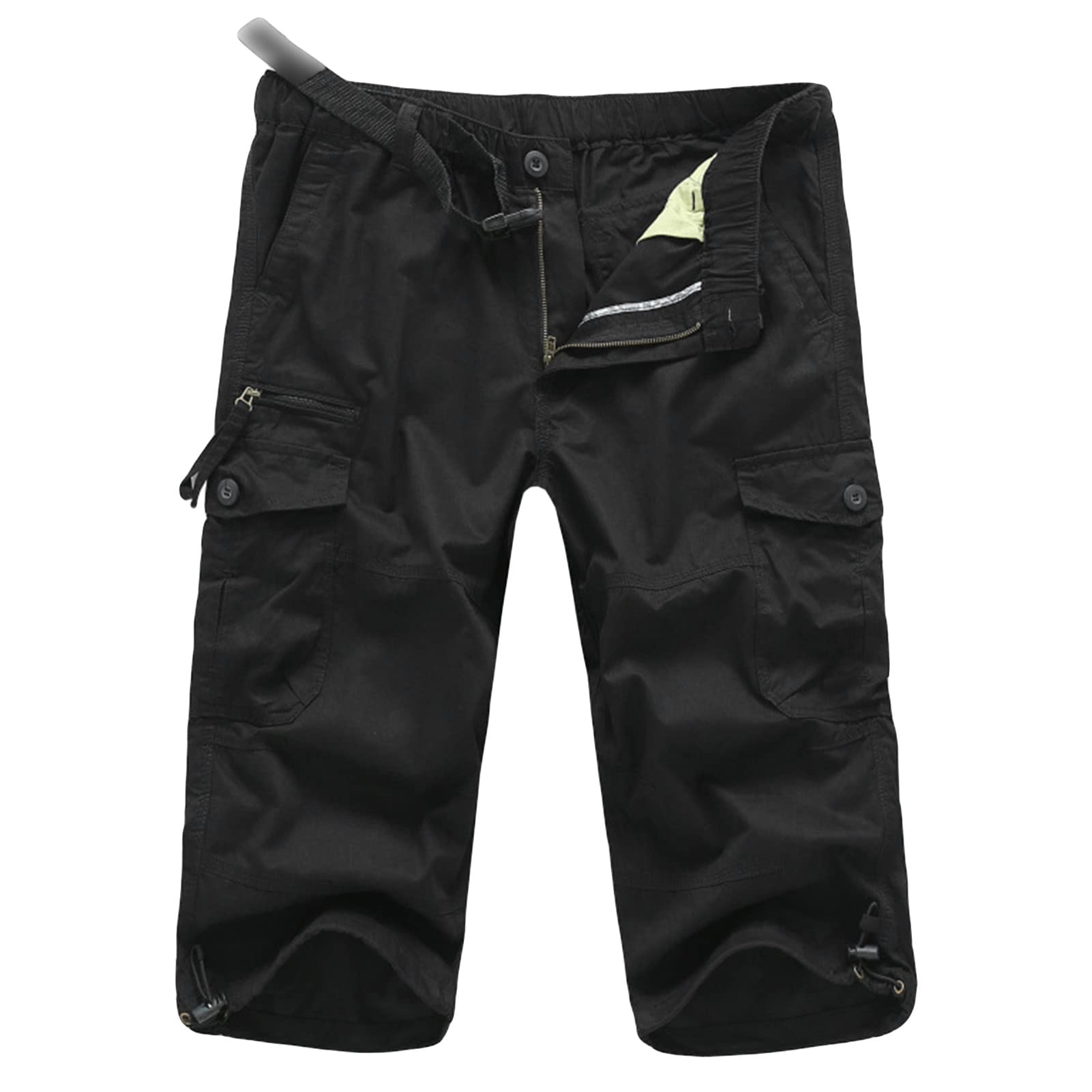 Men's Relaxed Fit 3/4 Cargo Shorts Twill Elastic Waist Multi Pocket Capri Pants Casual Loose Fit Below Knee Short (Black,4X-Large)