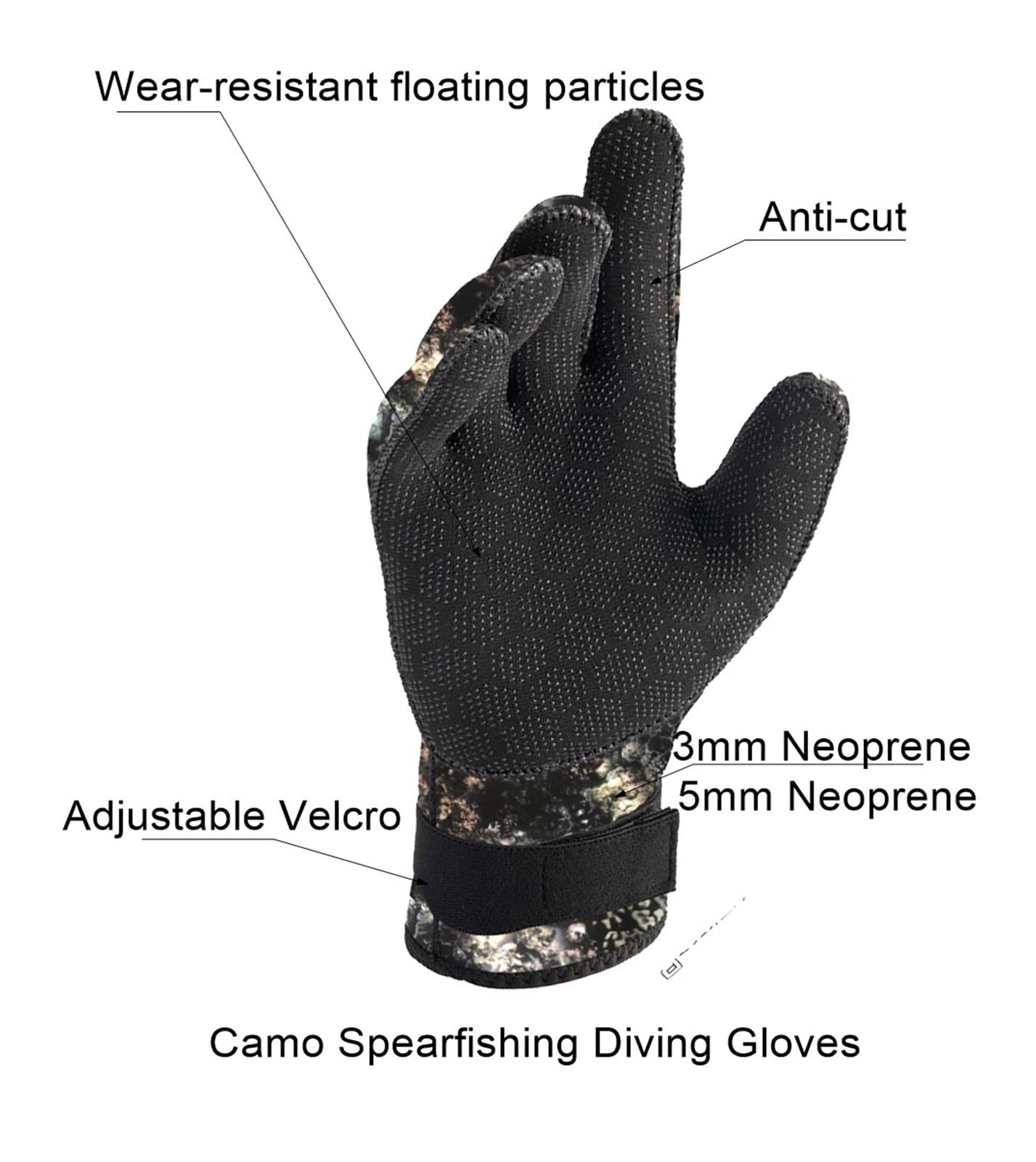 Rękawice do nurkowania w kamuflażu z paskiem klamrą łowienia ryb podwodnych, wędkowania, sportów wodnych, surfingu, wiosłowania(3mm Camo Gloves,S palm 8.5cm)