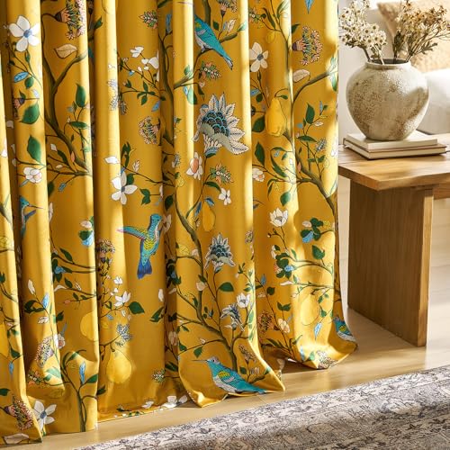 GIGIZAZA Luxurious Yellow Floral Velvet Curtains for Living Room - 2 Panels Set 46x90 Inch Eyelet Window Drapes with Hummingbird Lemon Flower Design - Image 3
