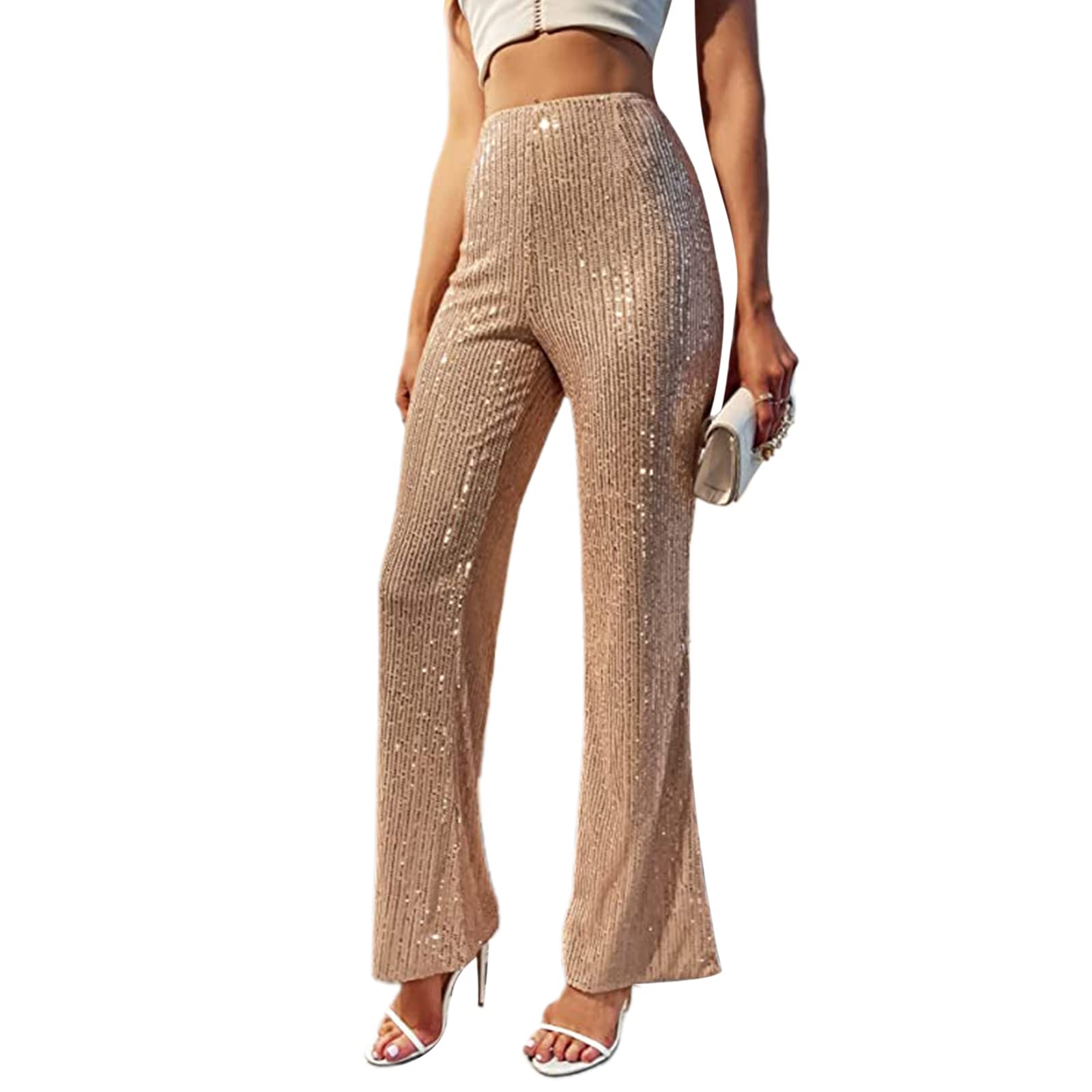 Women Sequin Flare Pants Sparkle Wide Leg High Waist Glitter Shiny Loose Bell Bottom Night Club Long Flared