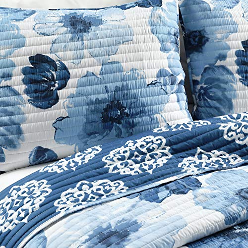 Image of Lush Decor Leah Reversible Floral Quilt Set, 3 Piece Set, King, Navy & White - Watercolor Botanical - Cottage Core - French Country Decor- Bedding Queen Size