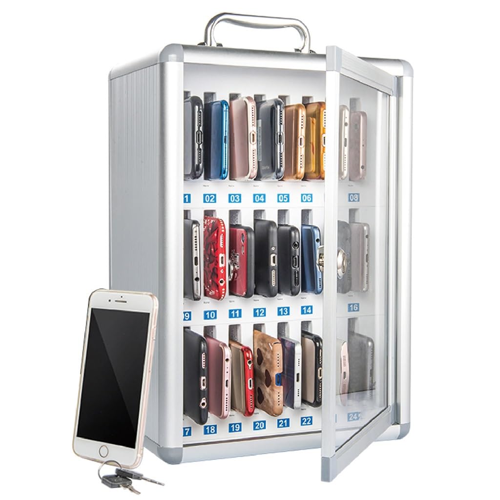 GMTstore 24 Slots Aluminum Alloy Pocket Chart Cell Phones Storage Cabinet Wall-Mounted Phones Holder Storage Box for Classroom Office