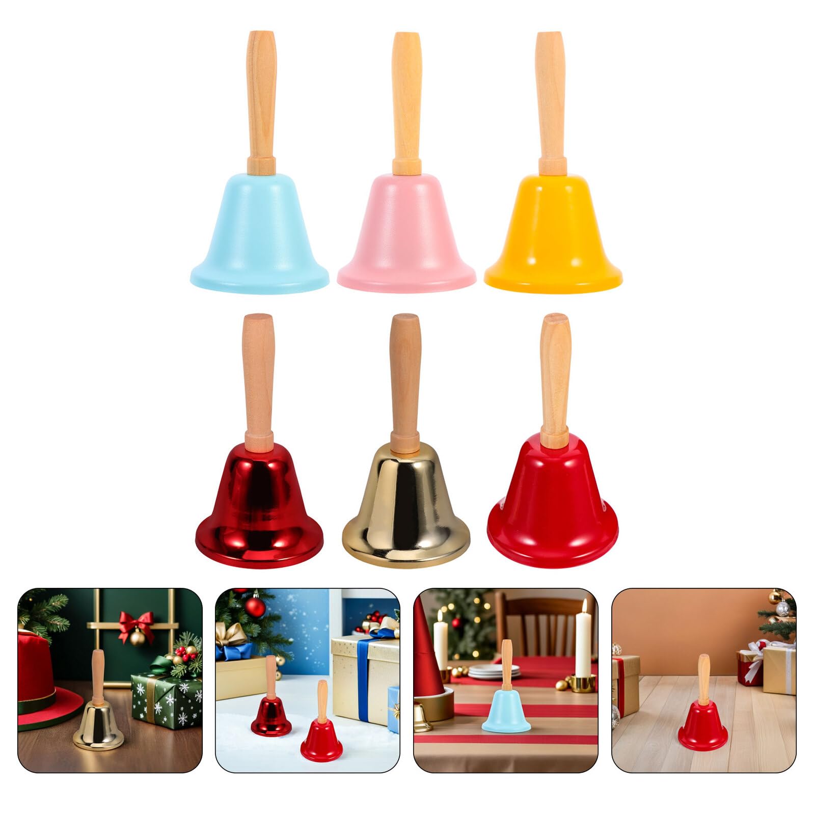 24pezzi Campanello Mano in Metallo Campanelli Multicolori con Manico in Legno per Feste di Natale Decorazioni Natalizie o Attività in Classe