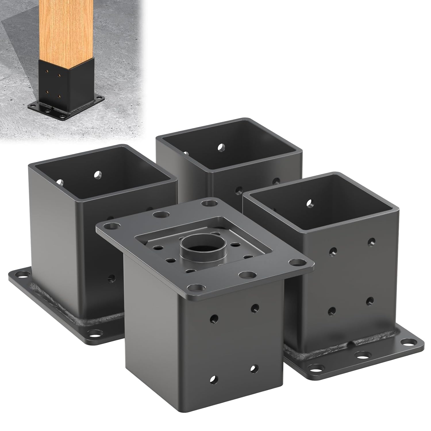 Heavy Duty 4x4 Post Base 4 Pcs, Thickness: 0.118"/3MM, (Inner Size:3.6"x3.6") 4x4 Post Bracket, Black Deck Post Base,for Deck Railing Support,Pergolas,Mailbox