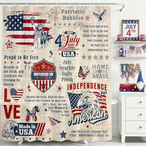 Mocsicka 4th of July Shower Curtain Retro Independence Day Freedom Bathroom Shower Curtain 4th of July Patriotic Star Waterproof Fabric Shower Curtains Bathtub Decor with 12 Hooks 72 X 72 Inch
