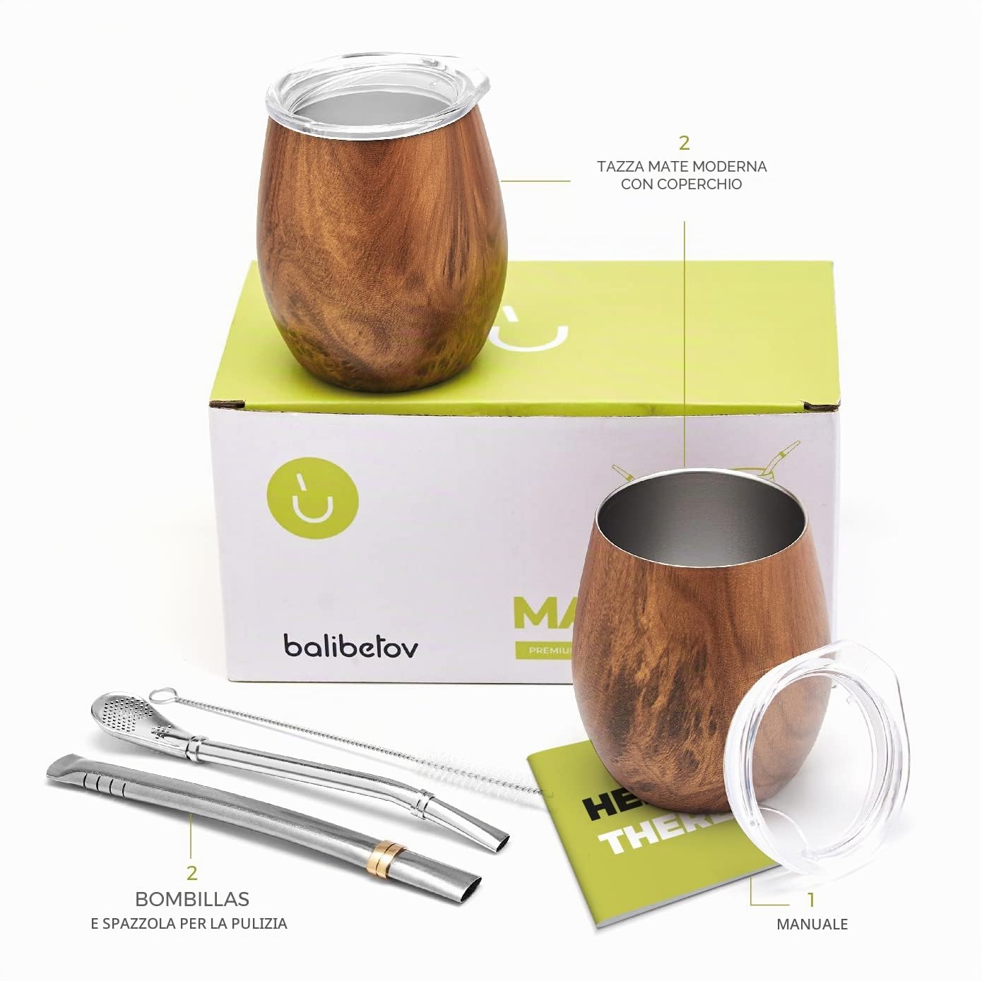 BALIBETOV Mate Argentino - Doppio Set Yerba Mate in Acciaio Inossidabile (5 pcs. Set) - Compreso 2 Tazza Mate, 2 Bombilla per Mate (Yerba Mate cannuccia) e Spazzola per la Pulizia (Legna)