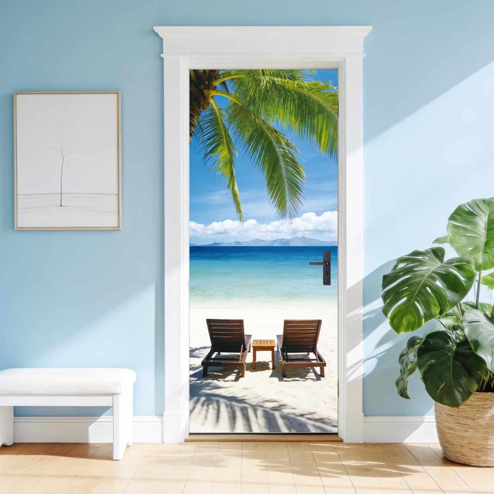 arricraft 2 Pcs 3D Self-Adhesive Door Sticker, 31.5"x78.7" Palm Trees Sandy Beaches Pattern Door Decorations Door Murals Stickers PVC Removable Wallpaper Decoration for Bedrooms ​Living Room