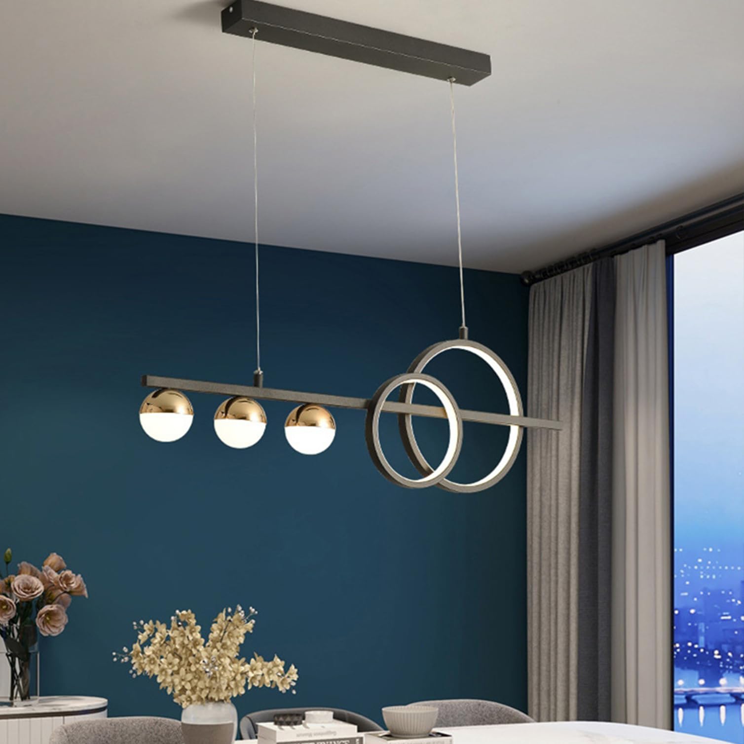 LED Pendant Lamp Dining Table Dimmable Pendant Lamp with Remote Control Pendant Lamp Modern LED Ceiling Light, Dining Table Lamp Pendant for Dining Room Kitchen Office Light (Black, L80cm)