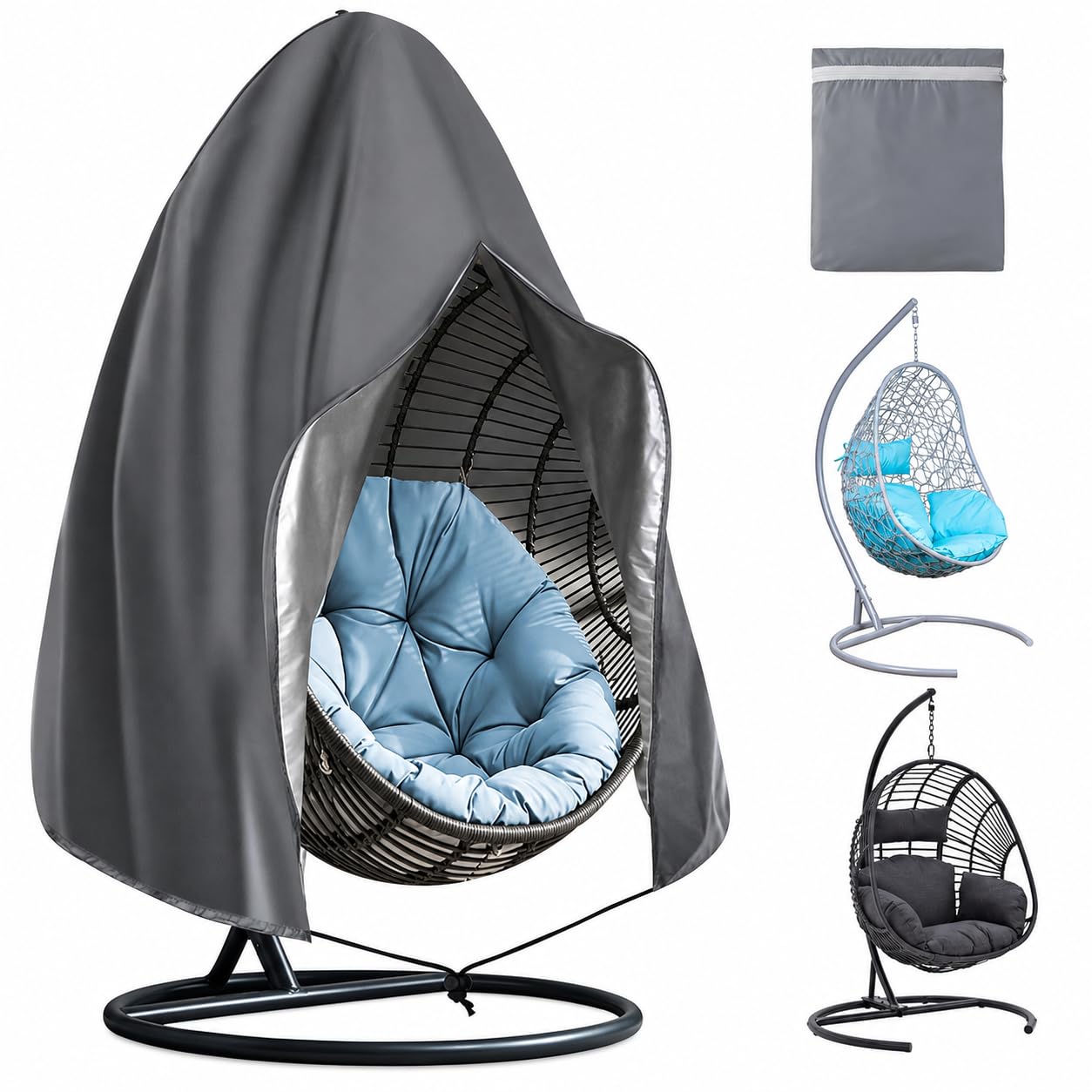 Waterproof Egg Chair Protector Heavy Duty 210D Oxford Hanging Swing Seat Shield Outdoor Garden Furniture Rain UV Resistant Windproof with Zipper & Drawstring 190x115cm Grey