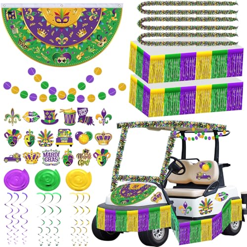 Gilprop 37 Pcs Mardi Gras Parade Golf Cart Decorations Gold Green Tassel Garlands Hanging Swirl Rain Curtain Wreath Decorations Colorful Golf Cart Stickers for Carnival Party Supplies Decor