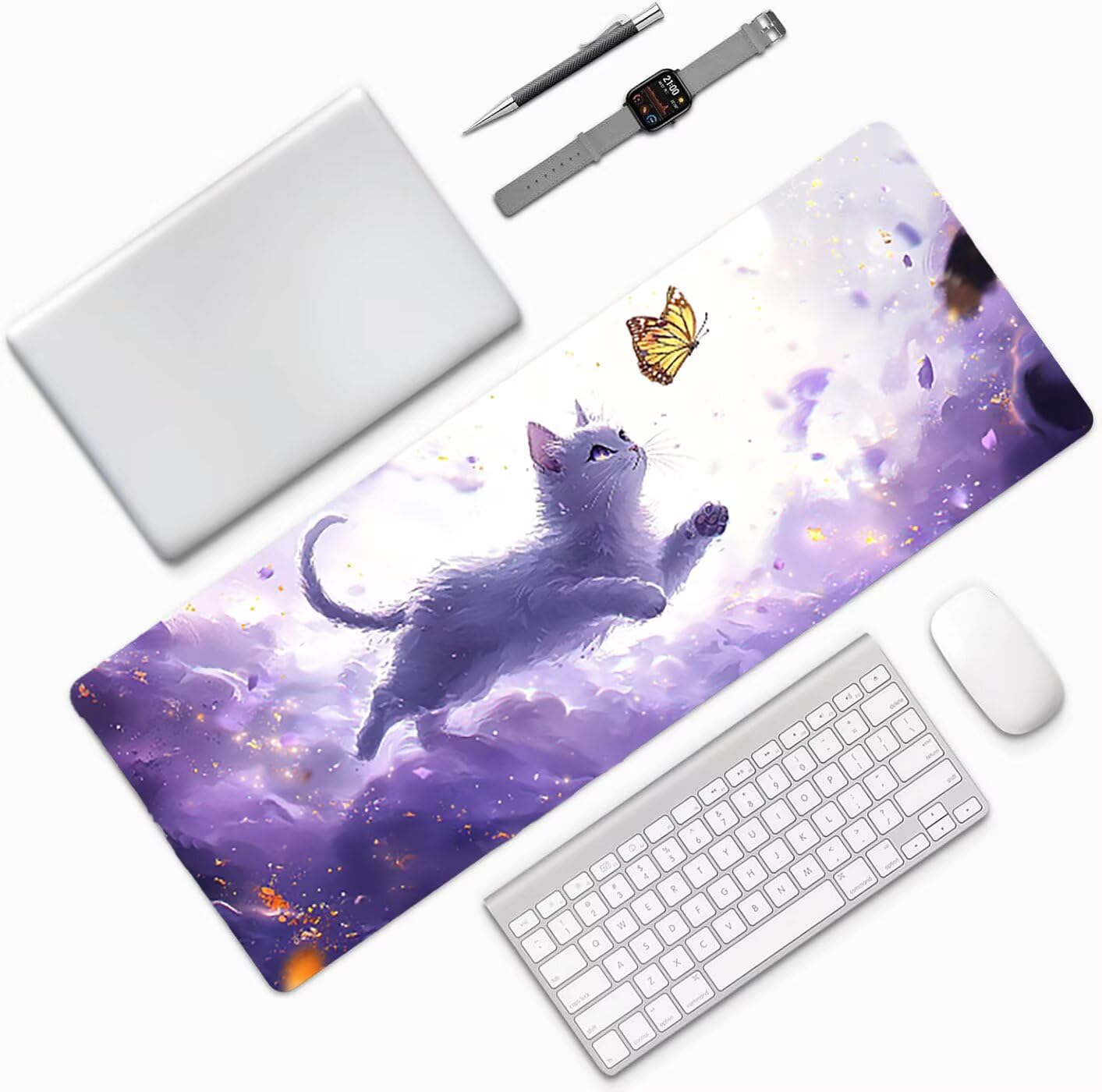 Lpfieonn Katze Großes Schreibtischunterlage, XXL Schreibtischunterlagen, Schmetterling XXL Wasserdicht Gaming Mousepad mit Vernähter Rand und Rutschfeste Gummibasis, für Hause/Büro 120x60cm PF-2825