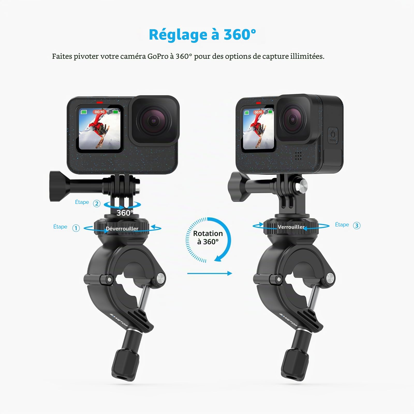 Clamp Guidon Montage de Moto et Vélo Support de Pince Tube Fixation Compatible avec GoPro Hero 13 12 11 10 9 8 7 6 5 Session DJI Caméras d'action - Pivote à 360
