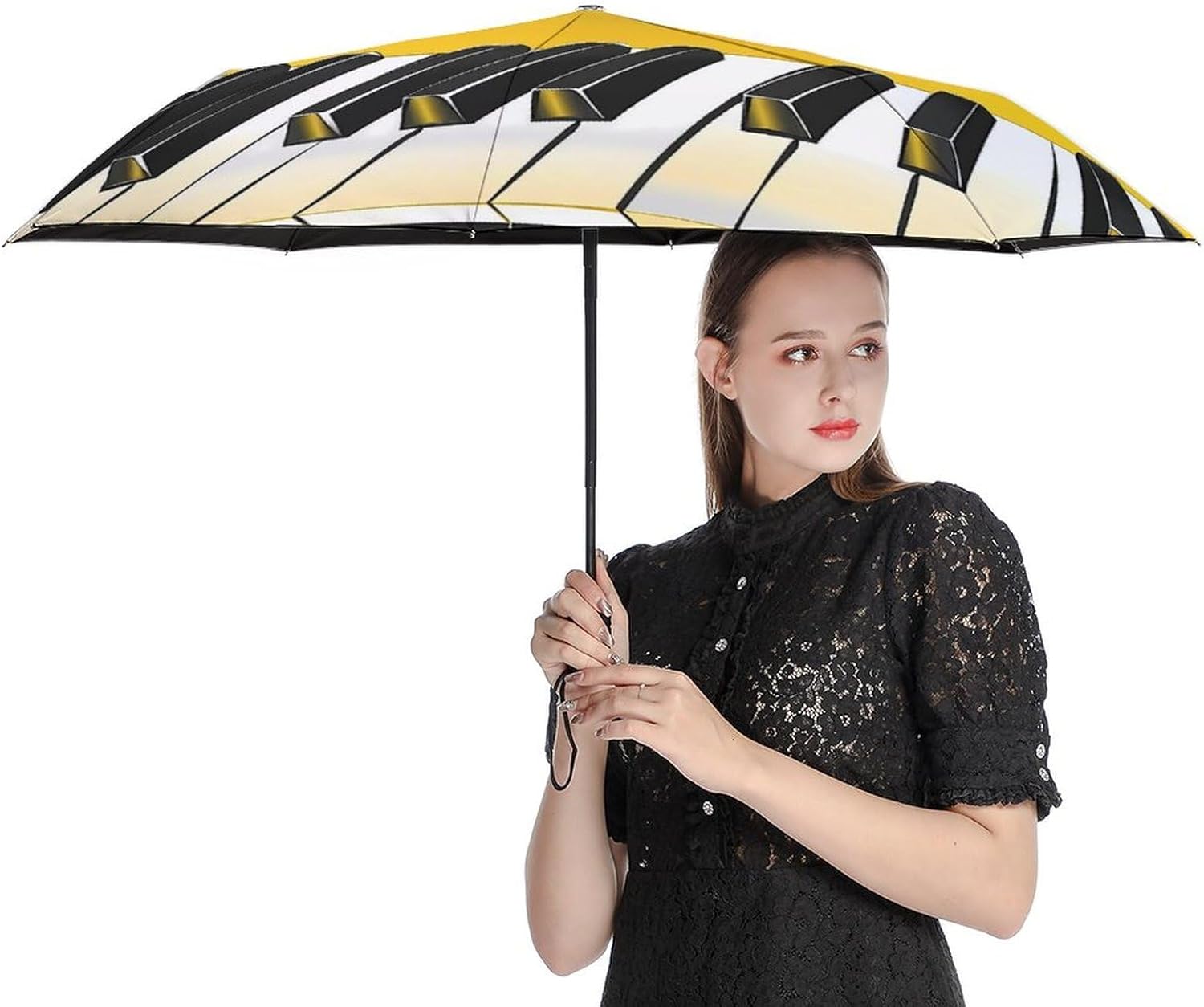 Piano Keyboard Auto Open Close Umbrella 3-Fold Design for Rain Sun Protection Music Note Windproof Compact Umbrella for Walking Travel Lightweight
