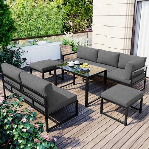 Merax Juego de muebles de jardín para 5 personas, de aluminio, con mesa de café, respaldo ajustable, para jardín, balcón y terraza, incluye cojines y respaldo, set de salón de jardín