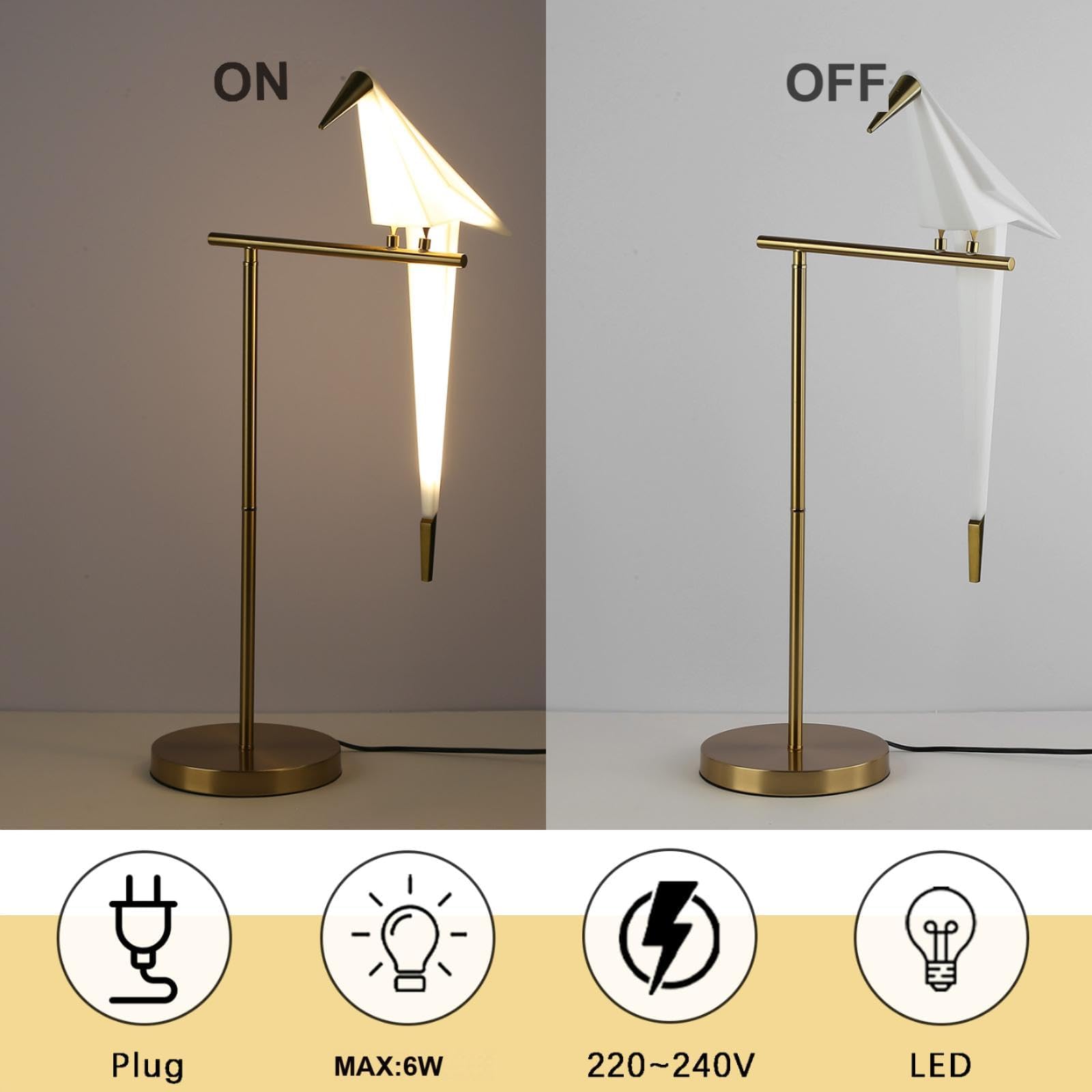 Lampada Da Tavolo Moderna Swing Bird, LED Soggiorno Lampada Da Comodino Vintage Camera Da Letto 3000K Caldo Acrilico Lettura Libro Lampada Da Scrivania Oro Carta Crane E27 Lampada Notturna