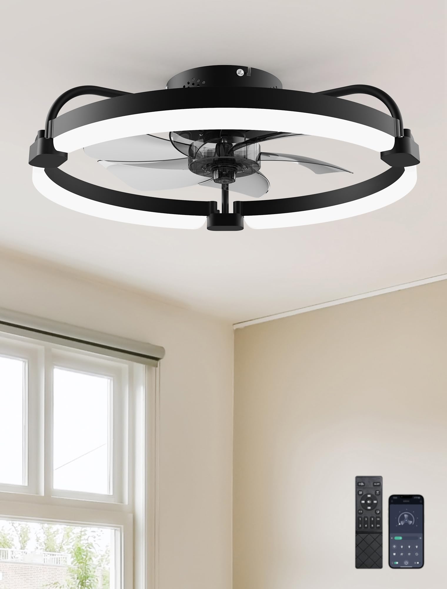 Photo 1 of Ensenior Ceiling Fans with Lights and Remote, 20'' Low Profile Ceiling Fan Flush Mount, APP Control, 6 Speed, 3CCT, Quiet Reversible DC Motor, Dimmable Modern Ceiling Fan with Light for Bedroom, Black