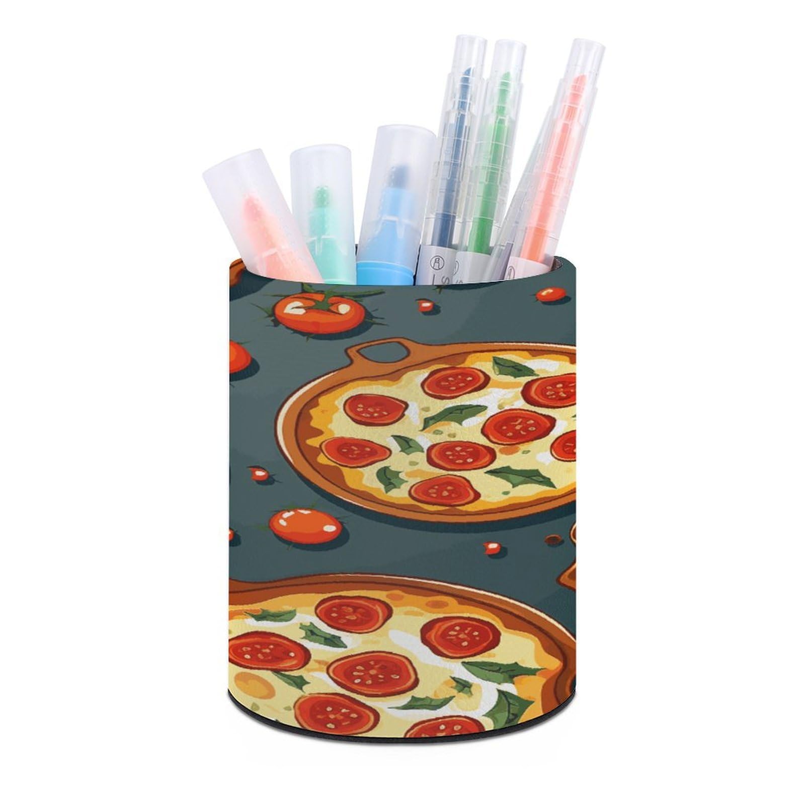 LDGSUPH Pizza Food Round Pen Holder Leather Pen Cup Pencil Cup Pen Organizer Pencil Holder for Desk Organizer Pencil Organizers Makeup Brush Holders for Home Office Gift
